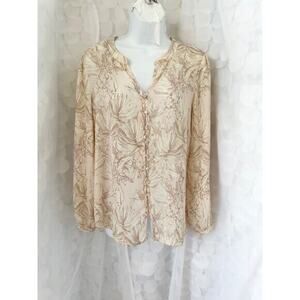 Cynthia Rowley M Beige Toile Palm leaf print chiffon blouse long sleeve V neck